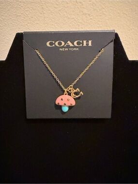 Coach Pink and Blue Mushroom Pendant Necklace - Gold Tone